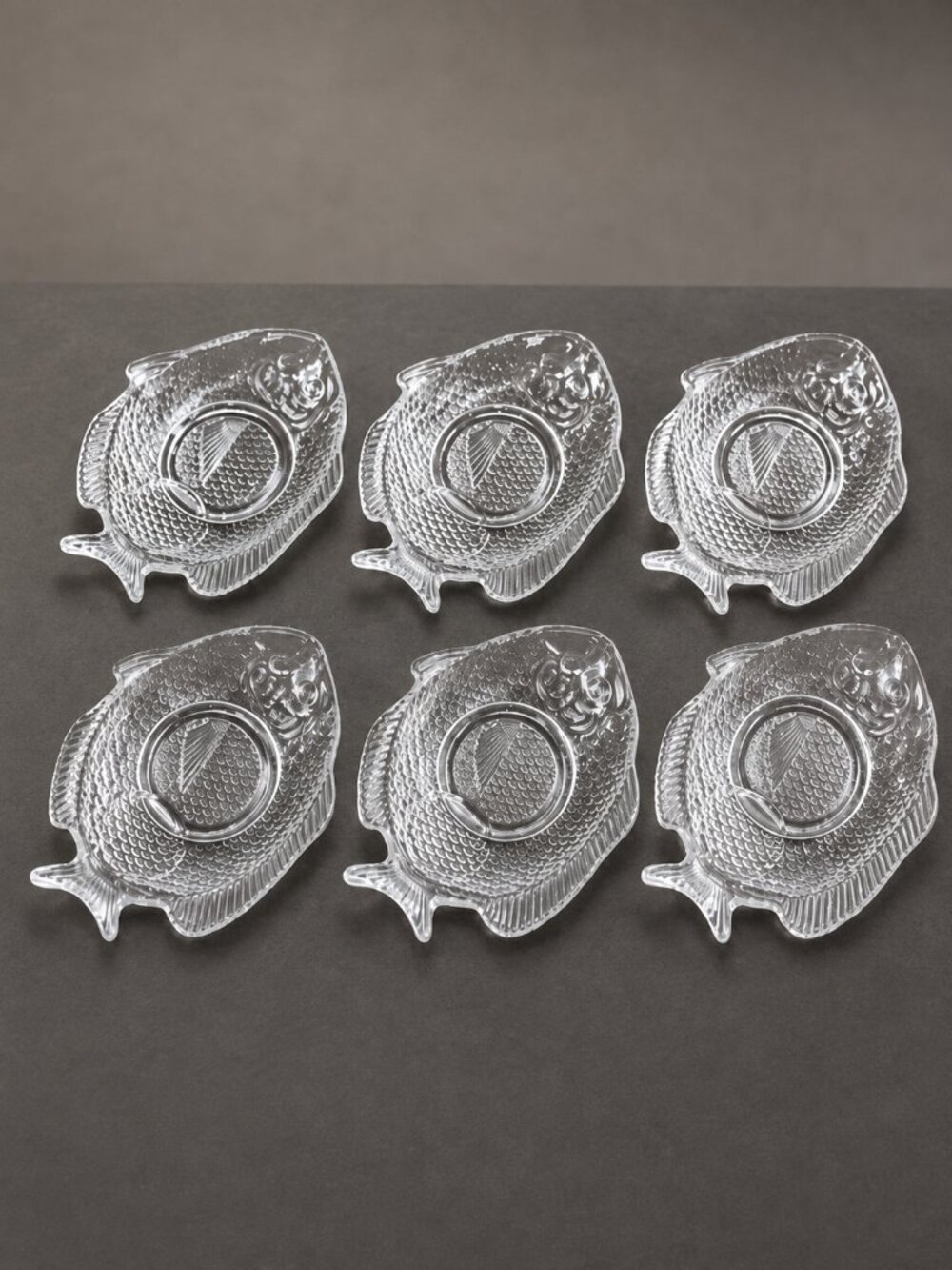 Vintage Glass Fish Embossed Snack Plate hors d'oeuvres Shrimp Cocktail Set of 6